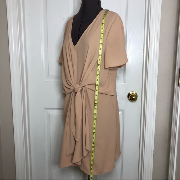 Entro V Neck Adjustable Knot Detail Cape Sleeve Zipper Dusty Rose Tan Dress L - Picture 14 of 14